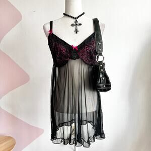 Black Lace Mesh Babydoll Lingerie‎ Top, Romantic Y2K Whimsigoth 2X Mall Goth
